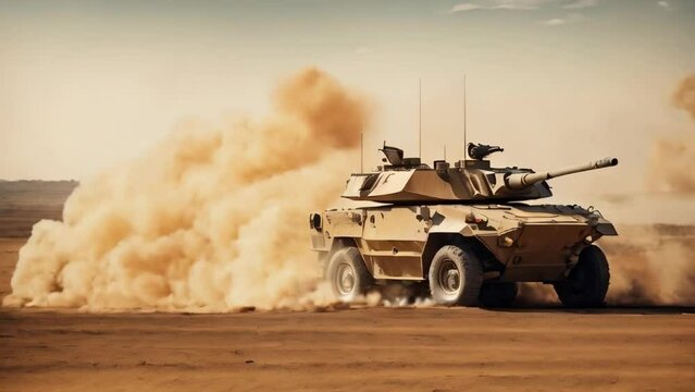 Military armored vehicle crosses minefields and smoke in the desert	