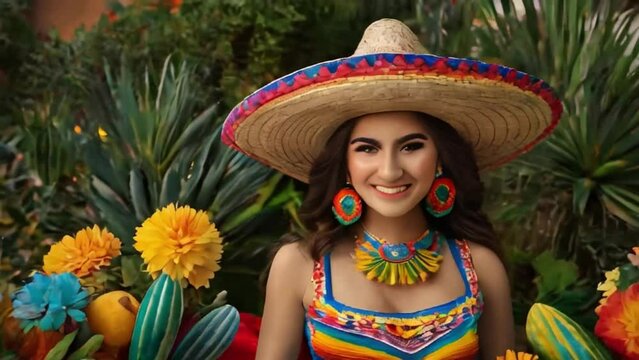 Young and beautiful girl in Mexican sombrero and poncho celebrates a holiday Cinco de mayo