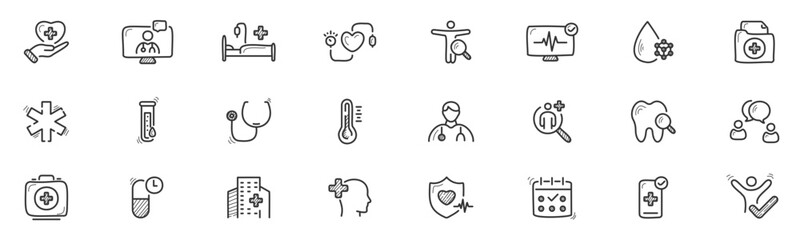 Health checkup hand drawn line icon set. Medical care patient diagnosis icon collection. Editable stroke - obrazy, fototapety, plakaty
