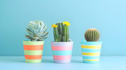 Three cacti in colorful pots. Blue background. Minimal design.
