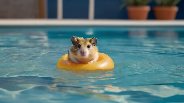 Cheerful hamster with glasses with cocktail and inflatable circle in pool	