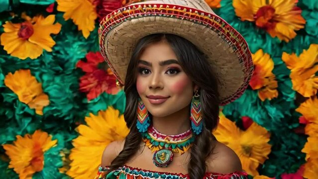 Young and beautiful girl in Mexican sombrero and poncho celebrates a holiday Cinco de mayo