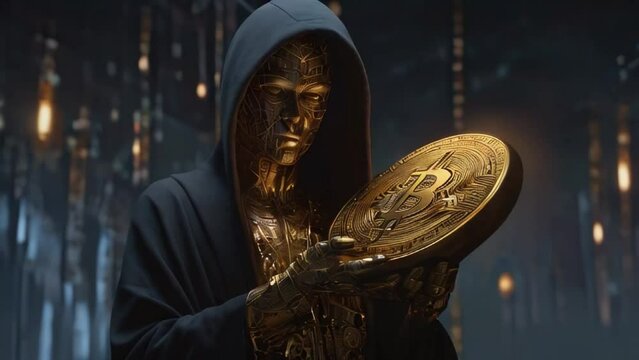 Faceless man in golden mask who developed bitcoin cryptocurrency protocol