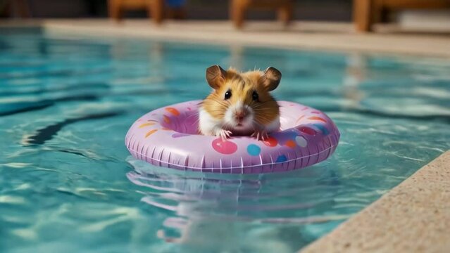 Cheerful hamster with glasses with cocktail and inflatable circle in pool	