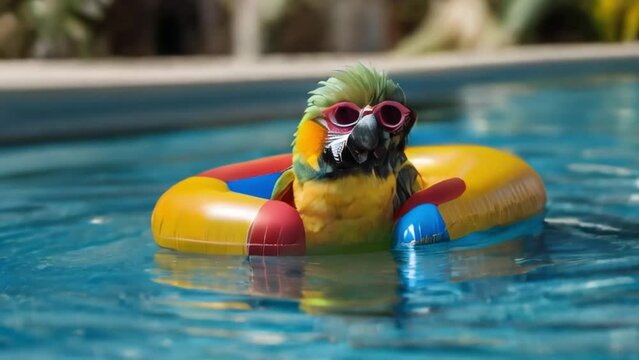 Cheerful parrot with glasses with cocktail and inflatable circle in pool