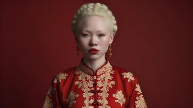 Chinese albino female model in national dress on red background