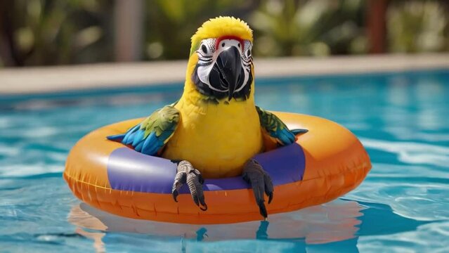 Cheerful parrot with glasses with cocktail and inflatable circle in pool