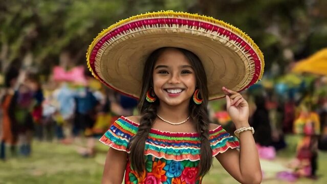 Young and beautiful girl in Mexican sombrero and poncho celebrates a holiday Cinco de mayo