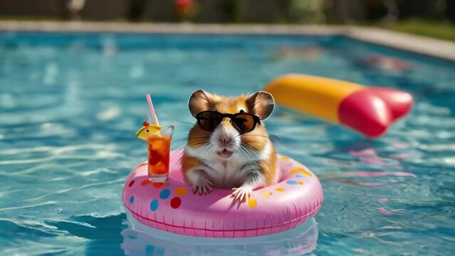 Cheerful hamster with glasses with cocktail and inflatable circle in pool	