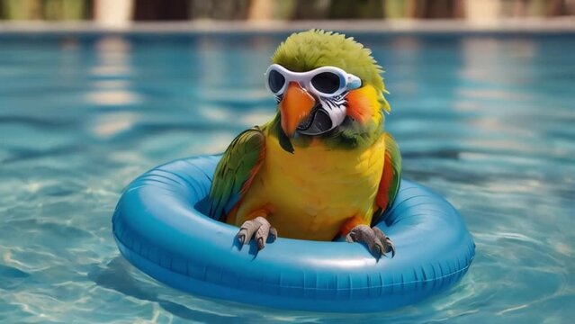 Cheerful parrot with glasses with cocktail and inflatable circle in pool