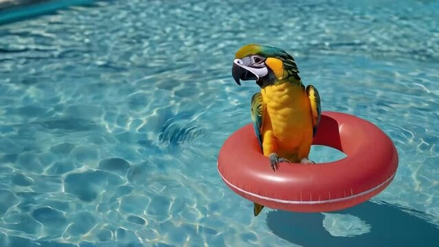 Cheerful parrot with glasses with cocktail and inflatable circle in pool
