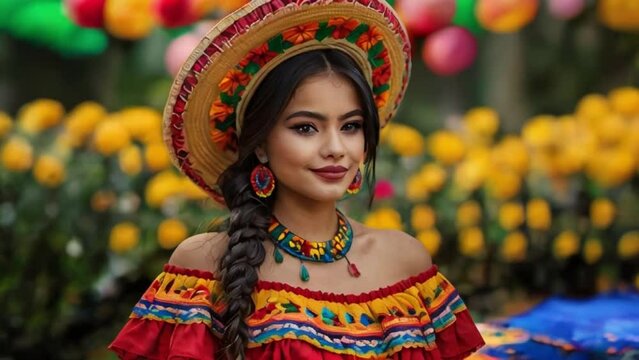 Young and beautiful girl in Mexican sombrero and poncho celebrates a holiday Cinco de mayo