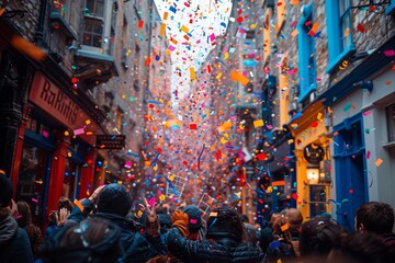 A vibrant scene with confetti raining down during a festive celebration on a street lined with colorful buildings and joyful crowd
