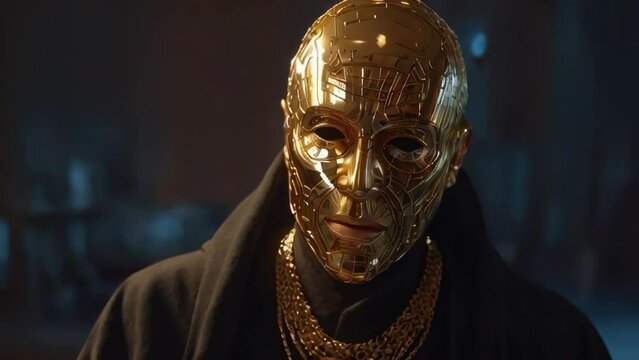 Faceless man in golden mask who developed bitcoin cryptocurrency protocol