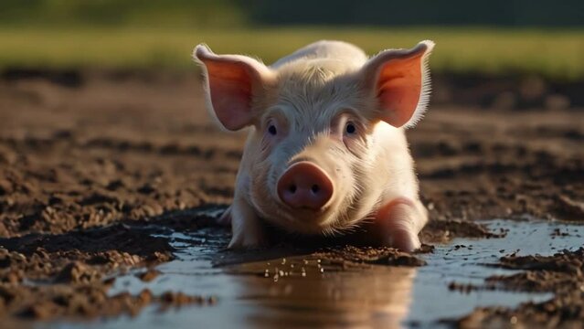 Domestic pig resting in muddy puddle on sunny day	