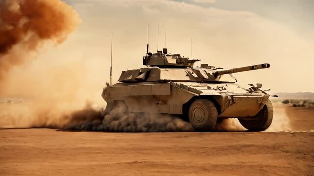 Military armored vehicle crosses minefields and smoke in the desert	