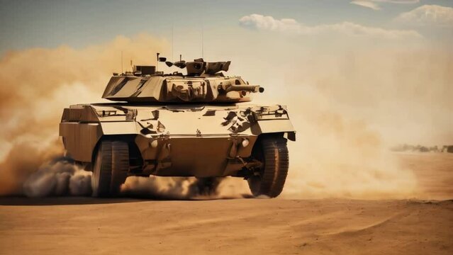 Military armored vehicle crosses minefields and smoke in the desert	
