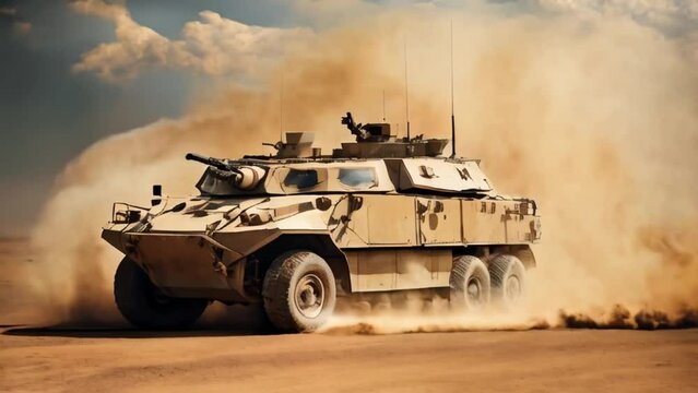 Military armored vehicle crosses minefields and smoke in the desert	