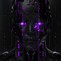 A sleek and stylish a futuristic touch, featuring a holographic image of a robot face, with a color scheme of black and purple, AI Generative