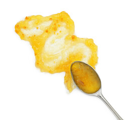 Spoon and delicious sweet jam isolated on white, top view