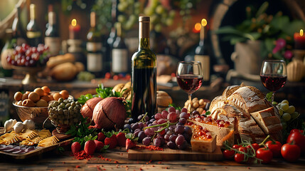 Still life with various types of Italian food and wine - obrazy, fototapety, plakaty