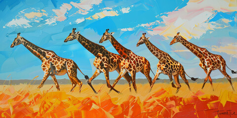 Giraffes run across the savannah, acrylic paint style. - obrazy, fototapety, plakaty