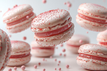 Flying hovering macaroons on a white background.