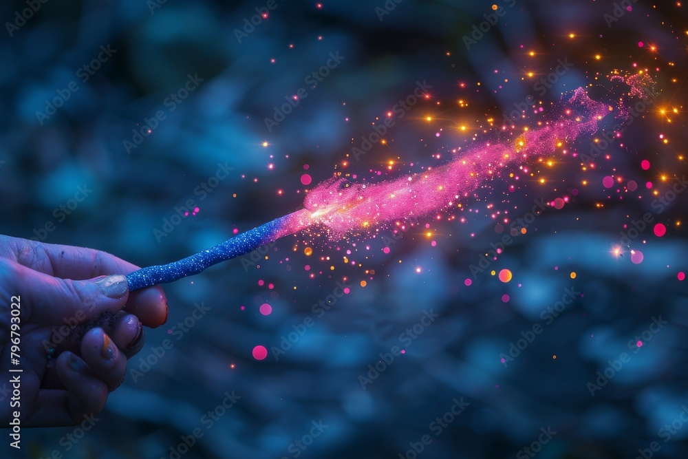 Poster an otherworldly image capturing a cascade of magical sparkles emitting from a wand