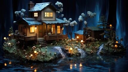 a small miniature house lit up in the darkness in the style of exotic fantasy landscapes, AI Generative