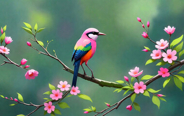 Vibrant Painting: Colorful Bird Perched on a Branch