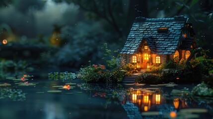 a small miniature house in the darkness in the style of fantasy landscapes, AI Generative - obrazy, fototapety, plakaty