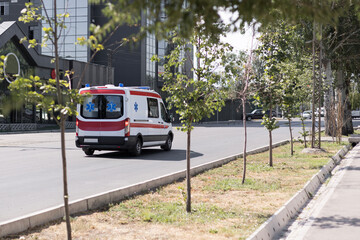 Metropolis rescue services transport. ambulance on emergency car © alan