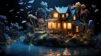 Fototapeta premium a photo small miniature house lit up in the darkness in the style of exotic fantasy landscapes, AI Generative