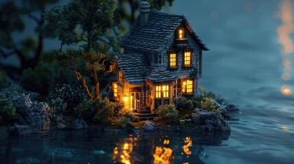 a photo small miniature house in the darkness in the style of fantasy landscapes, AI Generative - obrazy, fototapety, plakaty
