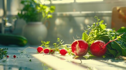 A close up of a bunch of radishes and herbs on a counter - Powered by Adobe