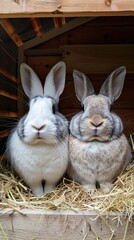 Obraz premium Two rabbits are sitting next to each other in a hay-filled enclosure
