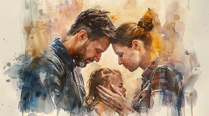 Painting of parents and daughter praying together, watercolour background