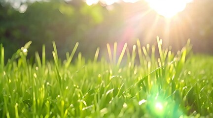 Blades of Green Grass with a blurred bokeh sky blue and green garden foliage background.
