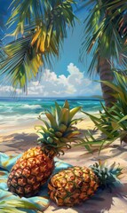 Two pineapples are on a blue blanket on a beach