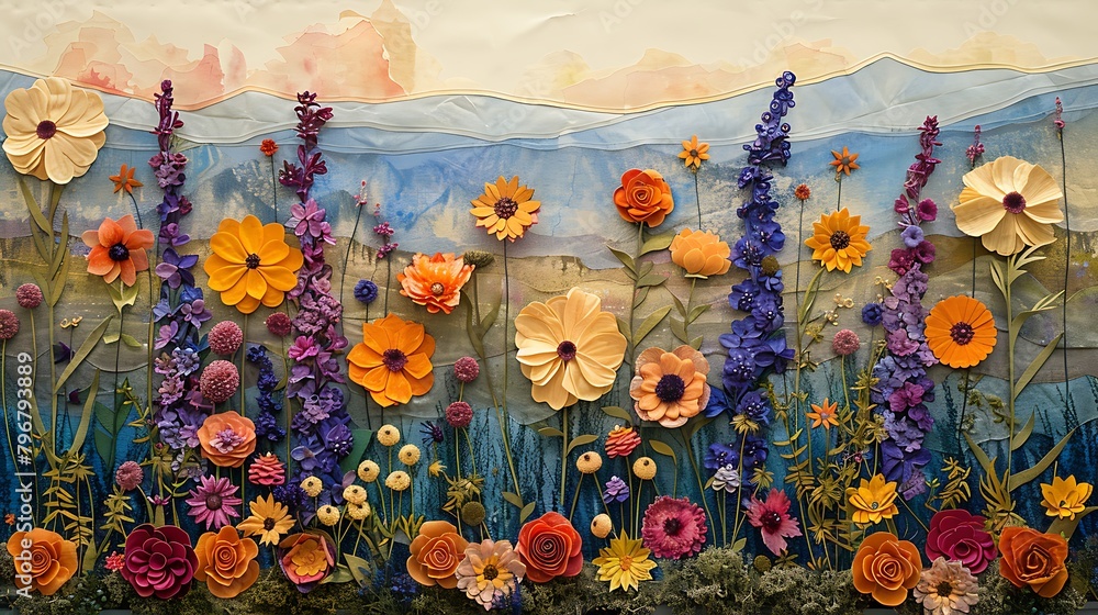 Wall mural create a collage of a wildflower meadow using watercolor techniques for the background and foregroun
