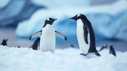 Two penguins standing on a snowy surface