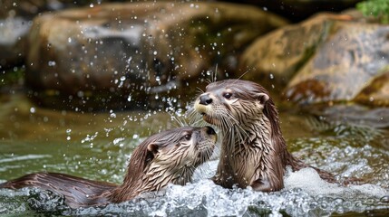 Two otters are playing in the water, splashing each other