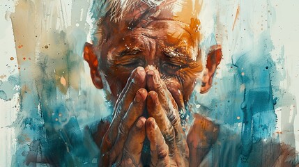 Painted portrait of an old man praying with folded hands