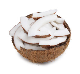 Fototapeta premium Fresh coconut pieces in nut shell isolated on white