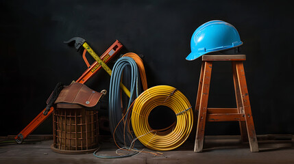 A meticulously organized collection of tools sprawls across a dark surface, featuring a hard hat, hammers, and wrenches, highlighting the preparedness and precision of a skilled tradesperson's craft
