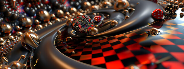 A close-up view of mesmerizing psychedelic colorful dice and an abstract roulette table, adding an element of surprise and intrigue to the casino atmosphere.
