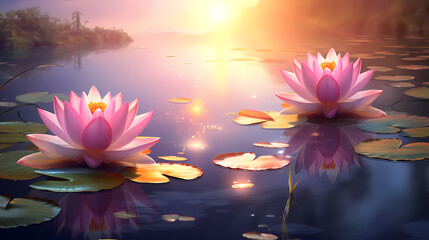 Beautiful pink lotus flower on the water
