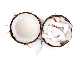 Fototapeta premium Pieces of fresh coconut isolated on white, top view