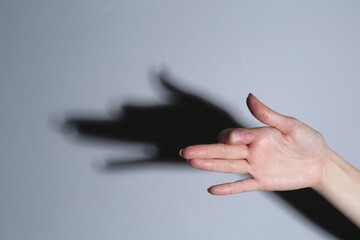 Fototapeta premium Shadow puppet. Woman making hand gesture like dog on grey background, closeup