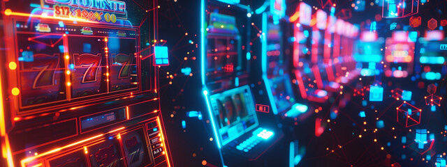 A mesmerizing close-up of vibrant slot machines in a psychedelic casino, radiating an atmosphere of excitement and thrill